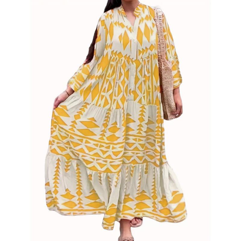 Plus-size V-neck Women's Printed Shirt Long Dress Bohemian Vacation Dress