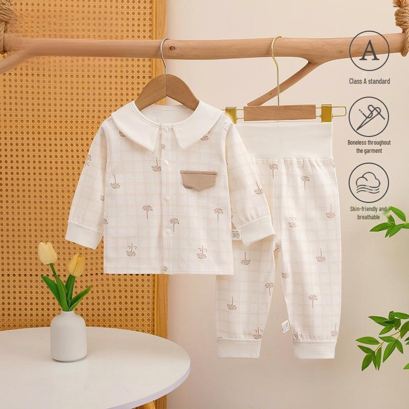 Frühlings- und Herbst-Baby-Baumwoll-Zweiteiler mit hohem Bund, nahtlos - Prinzessinnen- & Britischer Stil