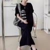 Plus Size Damen T-Shirt Kleid im koreanischen Stil mit kurzen Ärmeln, Sommerkleid mit lockerem Buchstabendruck, lange Kleider