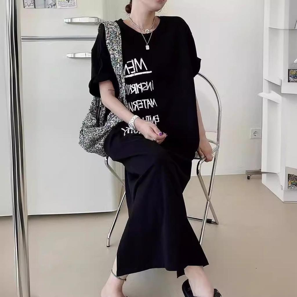 Plus Size Damen T-Shirt Kleid im koreanischen Stil mit kurzen Ärmeln, Sommerkleid mit lockerem Buchstabendruck, lange Kleider
