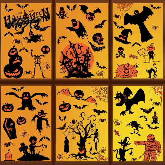 Non-adhesive Halloween Decals 9 Sheets Window Clings Happy Pumpkins Witch Ghost Bats Castle Spooky Decorations Stickers PVC Waterproof for