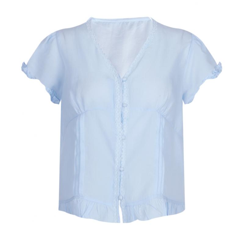 Shop Women V Neck Frill Lace Sheer Short sleeVe Summer Blouse iVory Fwb Wbl 21