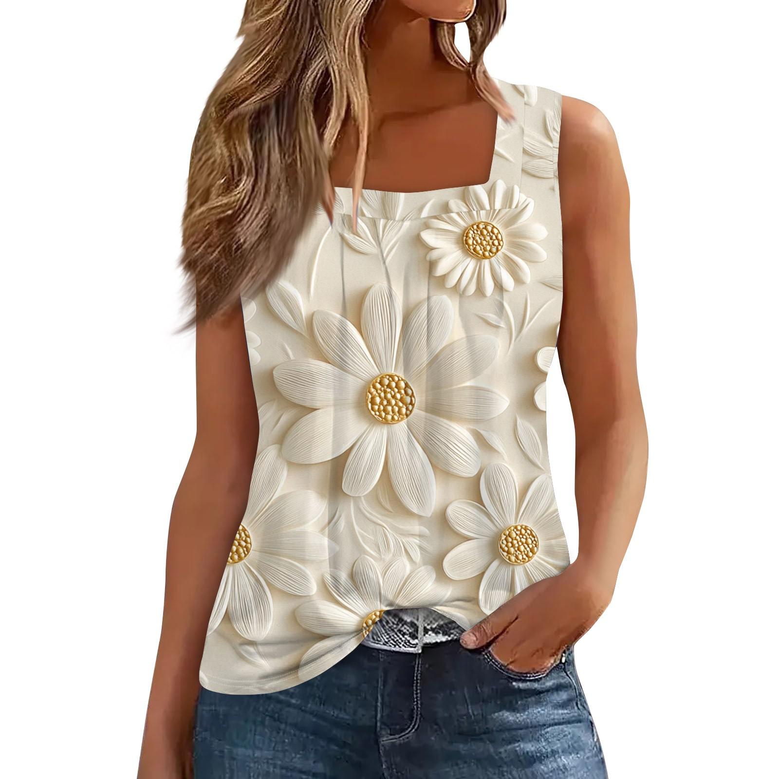 

Женская плиссированная футболка без рукавов с квадратным воротником и принтом XL розовый