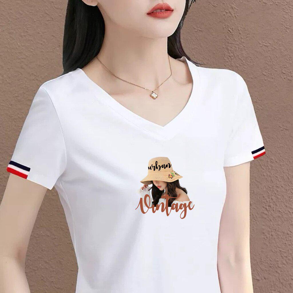 Clearance High-Grade Women's Stylish Slim-Fit V-Neck White T-Shirt with Letter Print