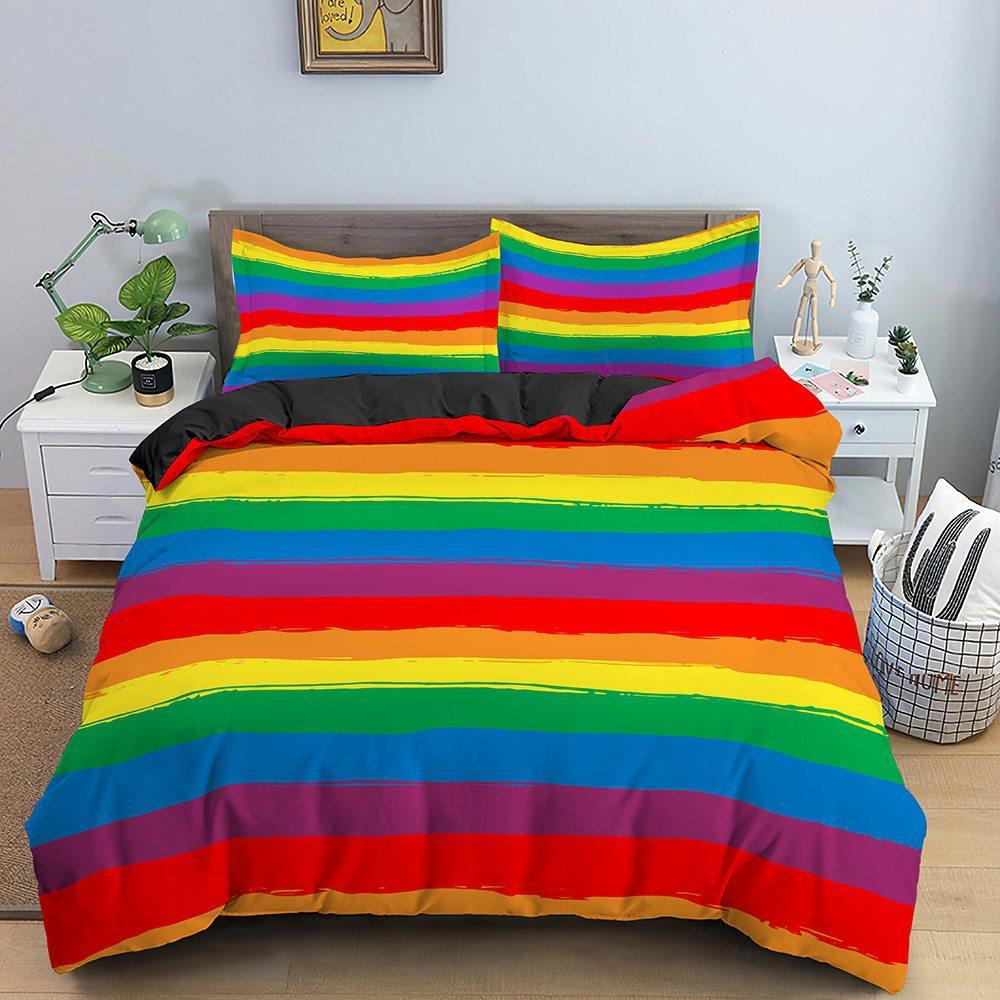 Three-Piece 3D Digital Printing Rainbow Color Striped Quilt Set Three-Piece Bedding