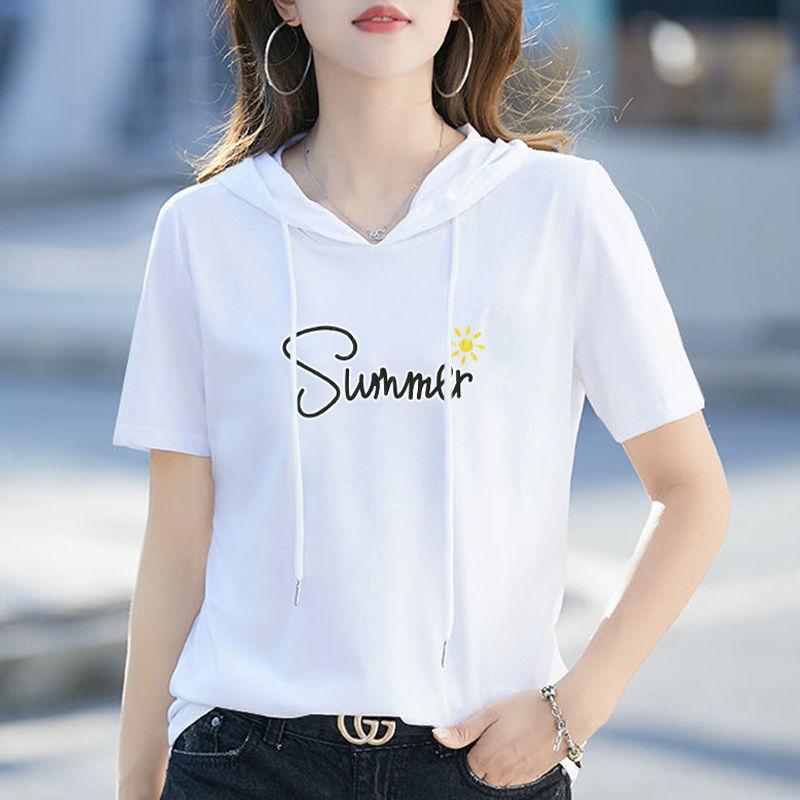 Summer Women's Loose Fit Hooded T-Shirt Korean Style Hooded Sweatshirt