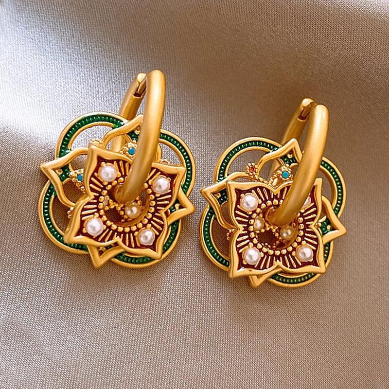 French Court Style Colored Enamel Glaze Double-layer Flower Stud Earrings Retro Pearl Design Earrings Monet Garden Decoration
