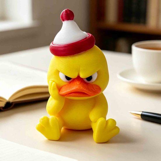 Creative Holiday Gifts 3D Printed Yellow Duck Figurine, Funny Arrogant Statue with Christmas Three Dimensional Figurine Hat, Miniature Ornament