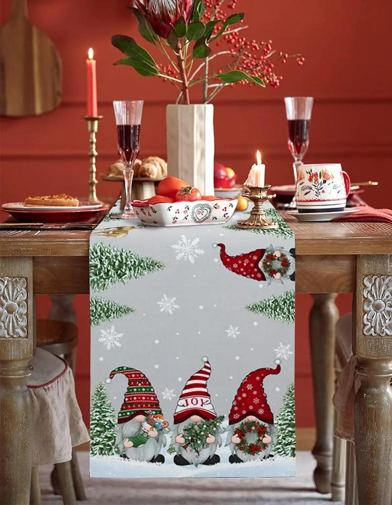 Christmas Gnomes Snow Tree Grey Linen Table Runners Wedding Party Decor Washable Xmas Dining Table Runners Navidad Decorations