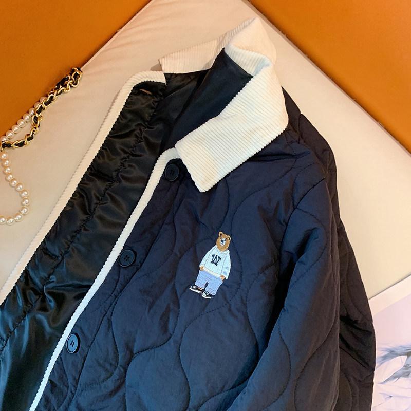 Retro bawełniana kurtka z haftowanym misiem, kontrastowe kolory, obszyte krawędzie, dla mężczyzn i kobiet, moda zimowa, pikowana w romby, luźna, gruba, z kołnierzem