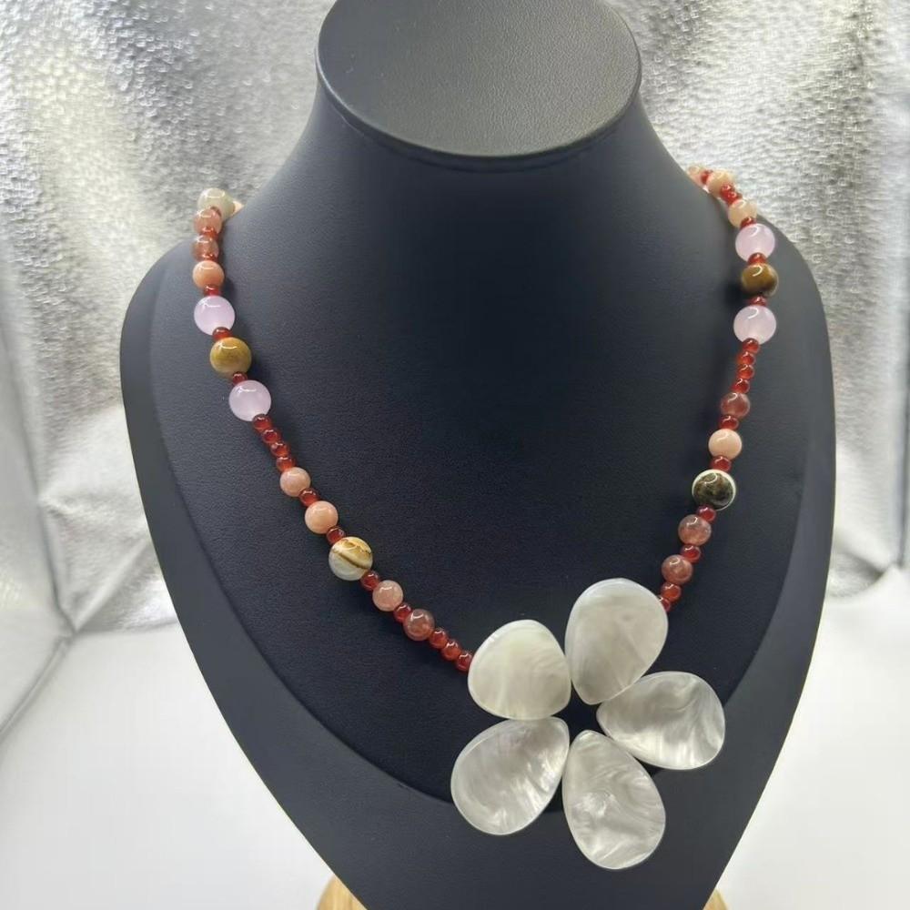 Beaded Shell Flower Necklace Boho Ocean Style Neck Chain Stone Pendant Necklace  Girls
