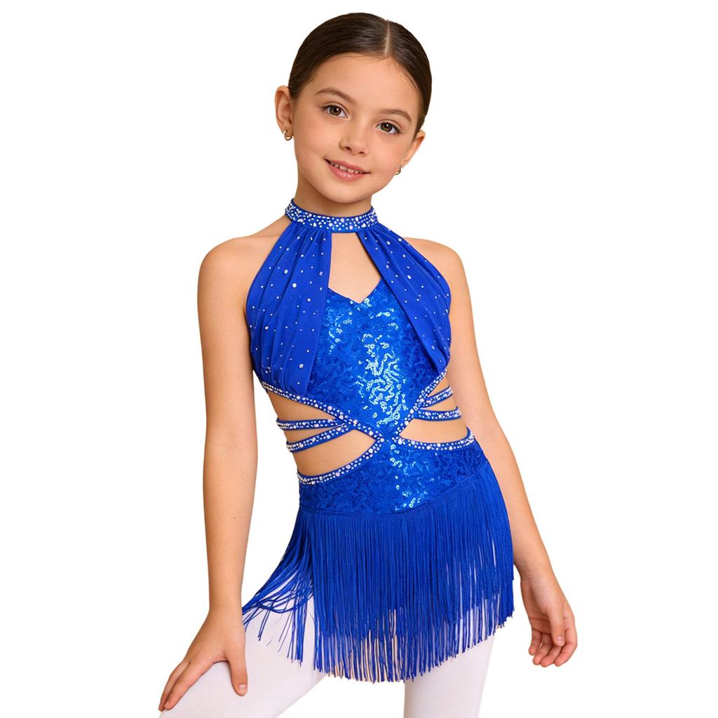 Girls Latin Leotard Sleeveless Ruched Mesh Overlay Cutout Strappy Waist Tassel Sparkle Rhinestone Dancewear