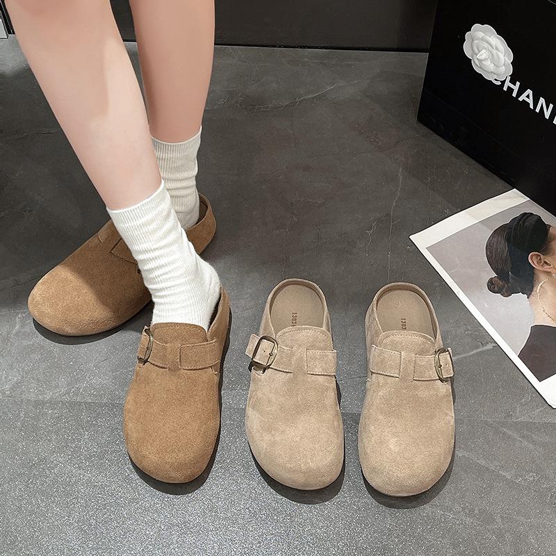 Yumuşak deri çanta başı yarım terlik çocuklar 2025 giyim kaymaz yumuşak taban retro yumuşak taban düz taban muller kadın ayakkabıları