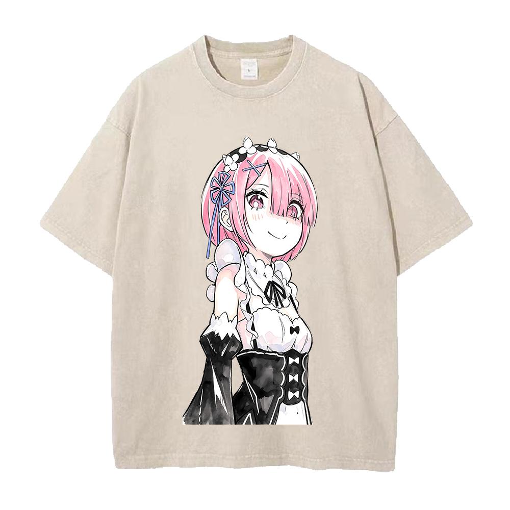 Hot Anime Re Zero Ram Cute Print T-shirt Men Women Tshirts Short Sleeve Cotton Clothing Retro Washed T Shirt Harajuku Loose Tops