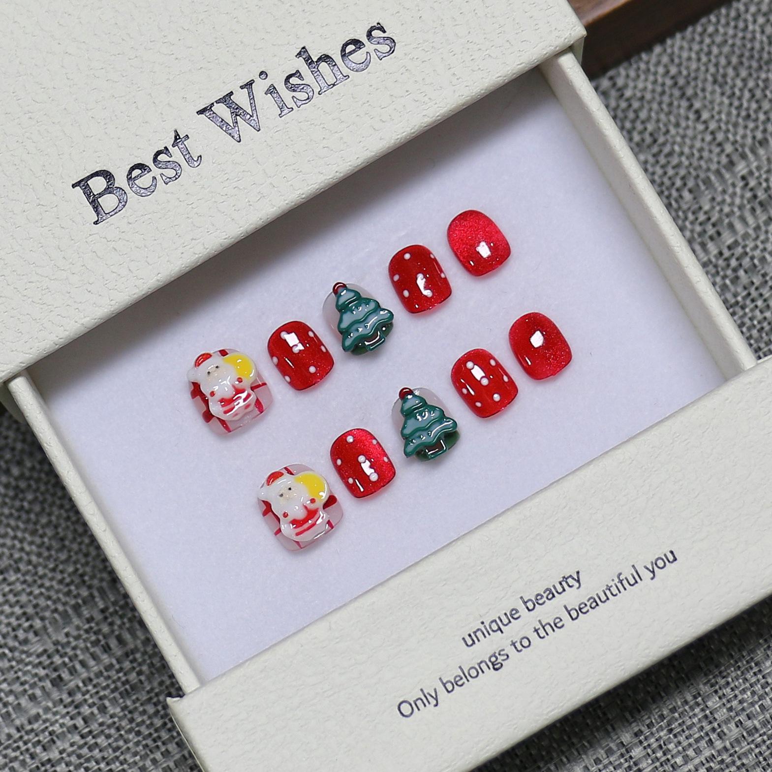 Kids Wearable Handmade Nail Art Stickers - Christmas Short Detachable False Nails Medium