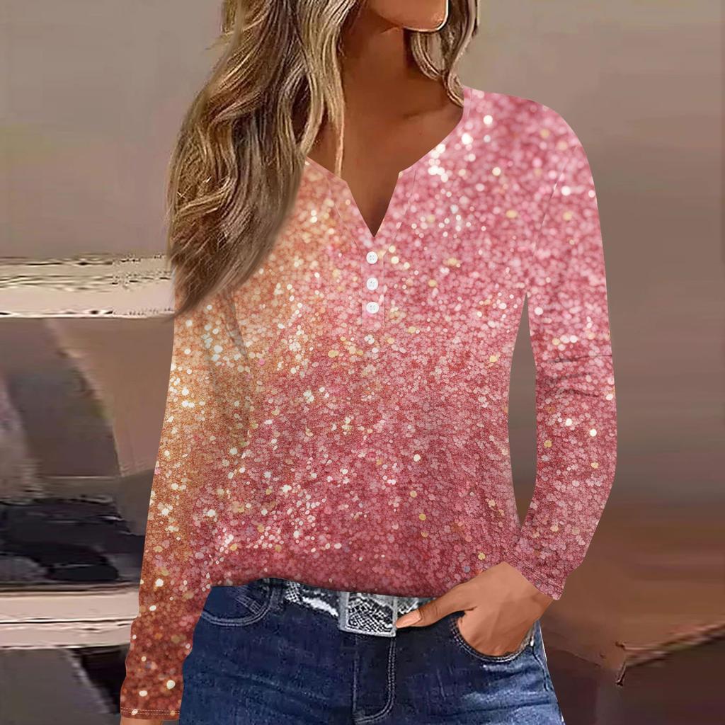 Damen T-Shirt mit Knopfleiste, langärmelig, für den Alltag, Wochenende, modisch, Basic, V-Ausschnitt, normales Oberteil