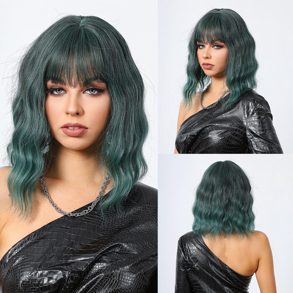 EASIHAIR Short White Bob Synthetic Wigs Short Wavy Lolita Natural Hair Wigs with Bangs for Women Heat Resistant Cosplay Wig