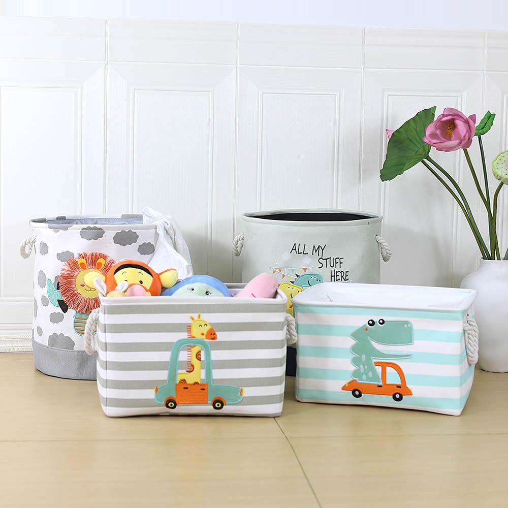 Children's Cartoon Embroidery Storage Bucket - Fabric Cotton Linen Organizer for Toys, Laundry, and Sundries.