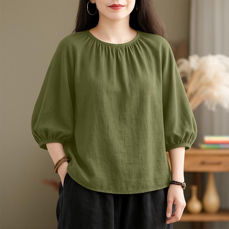 ZANZEA Women Casual 3/4 Sleeve Solid Color Loose Round Neck Blouse
