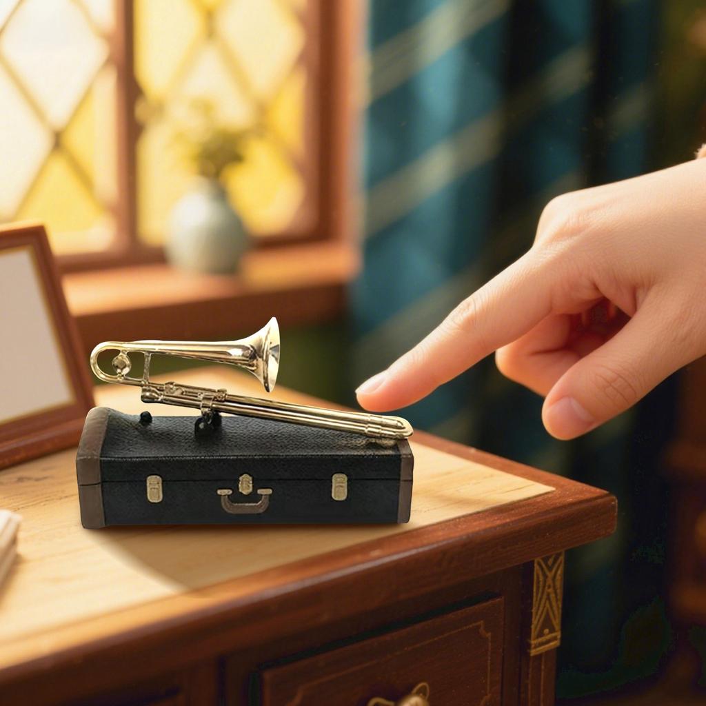 Trombone Model With Case - Brass-Plated Musical Instrument Miniature, Collectible Desk Decor & Gift For Music Lovers (10cm/3.94in)