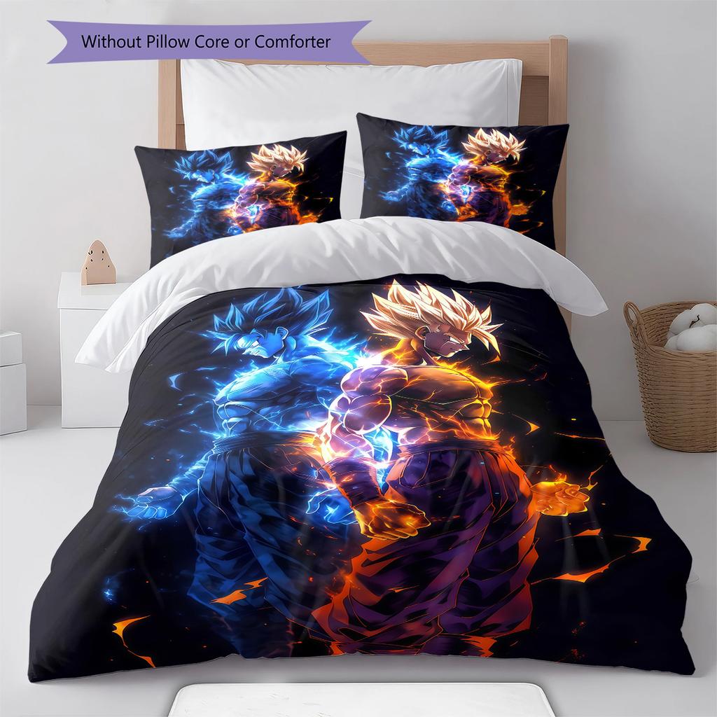 Ropa de cama con estampado de Son Goku, Juego de colcha, Funda de colcha, Funda de almohada, Regalo de cumpleaños para el hogar (1 * funda nórdica + 2 * fundas de almohada, sin núcleo)