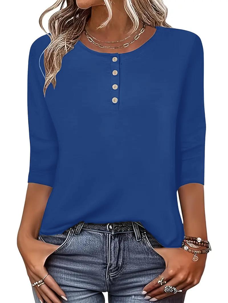 Women s Round Neck Button-Up Knit Top XL синий