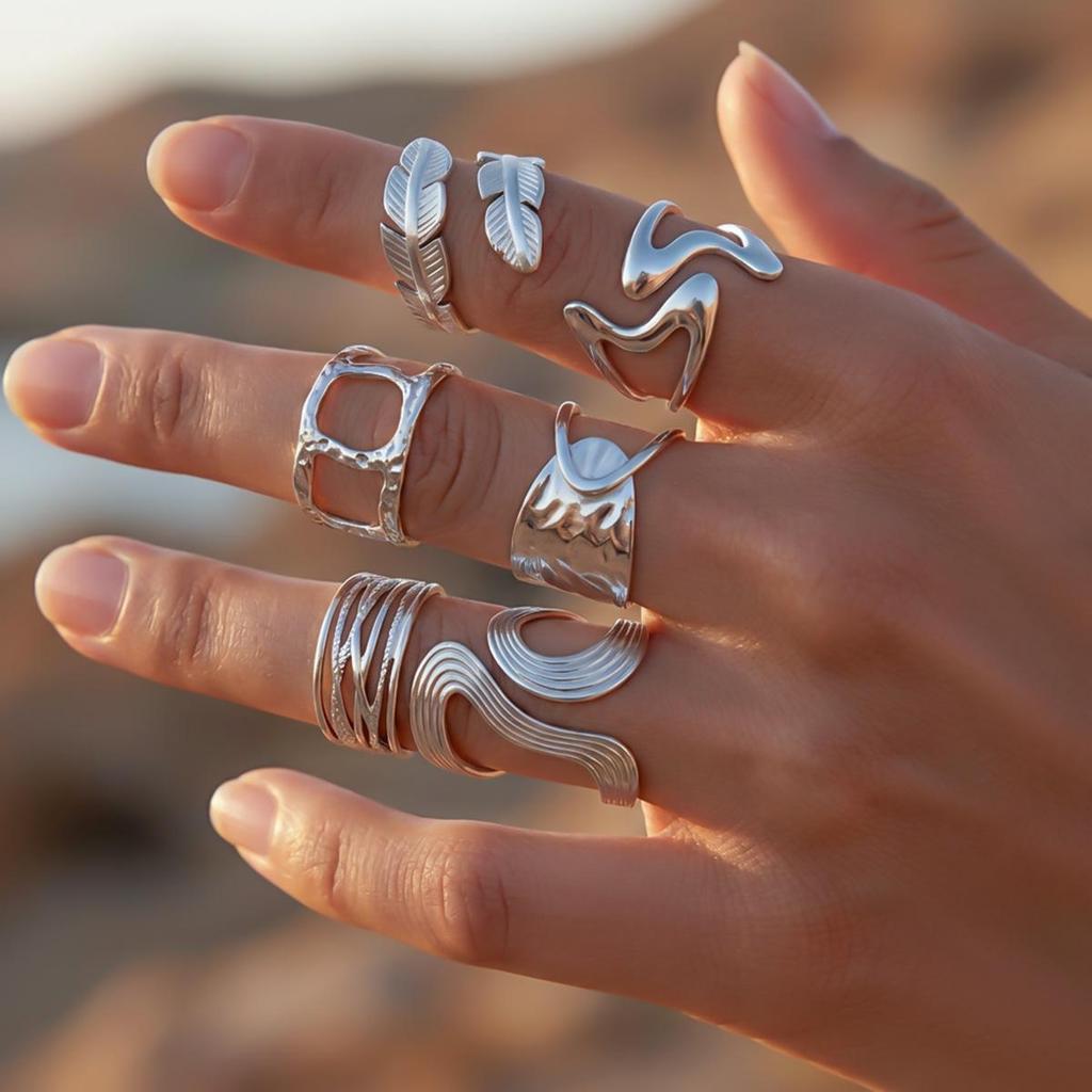 Silver Wave Leaf Adjustable Stainless Steel Ring Set (6 Pieces)