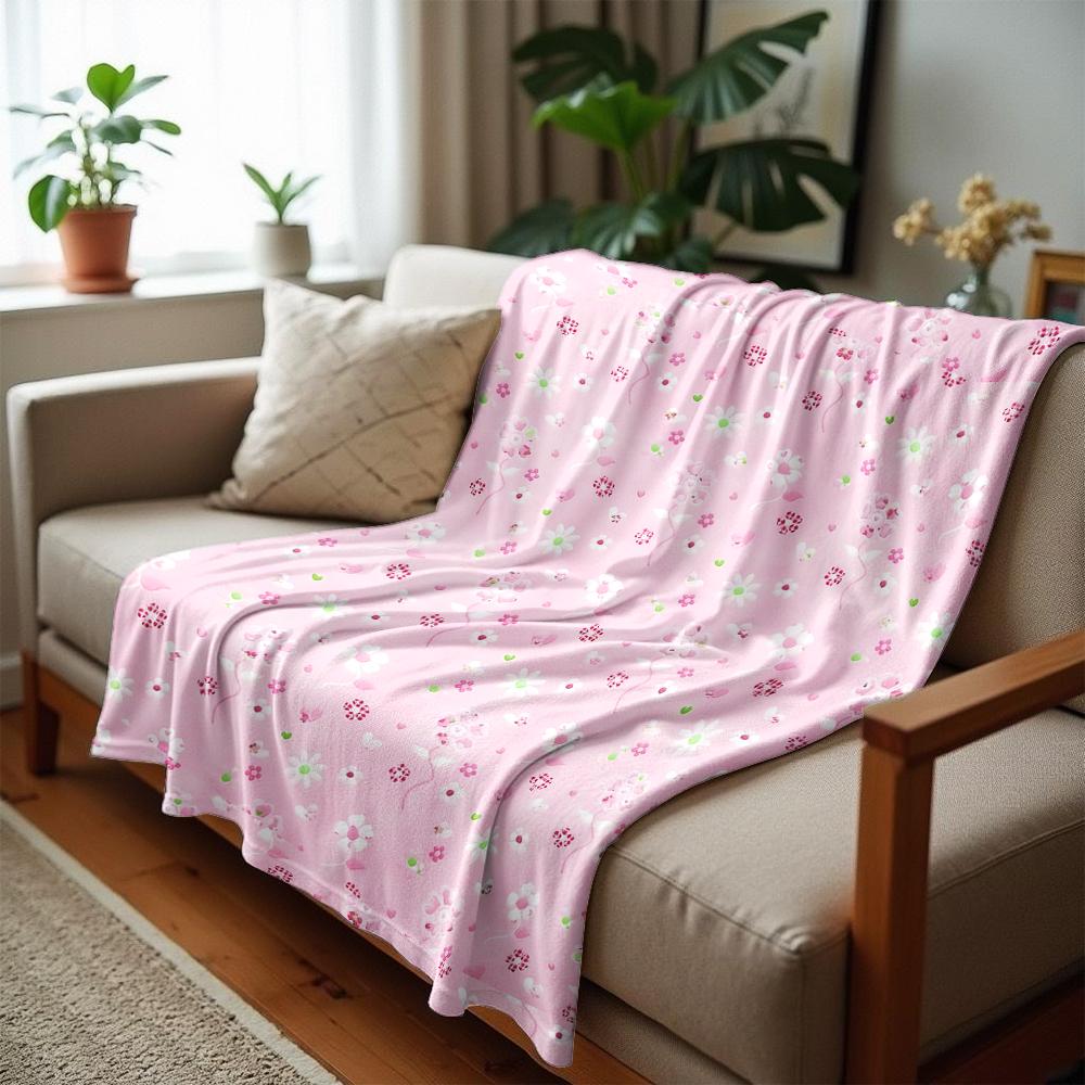 Soft Pink Delicate Small Floral Anime Cartoon Flannel Blanket Soft Warm Throw for Bedroom Sofa Car Kids Holiday Gift