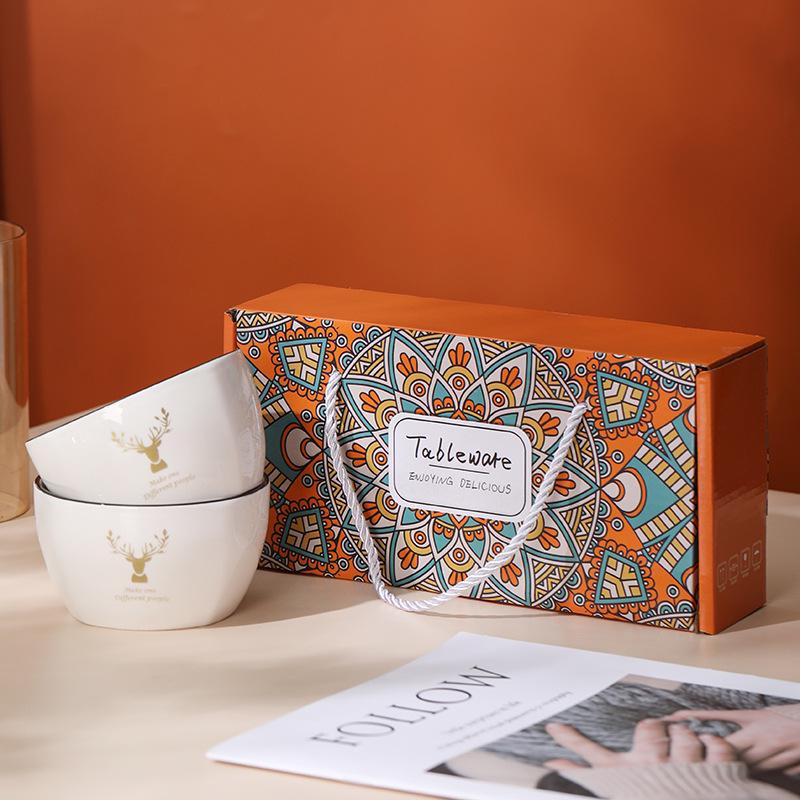 Japanese Style Underglaze Porcelain Rice Bowl Set - Microwaveable Ceramic Tableware for Households & Gifts