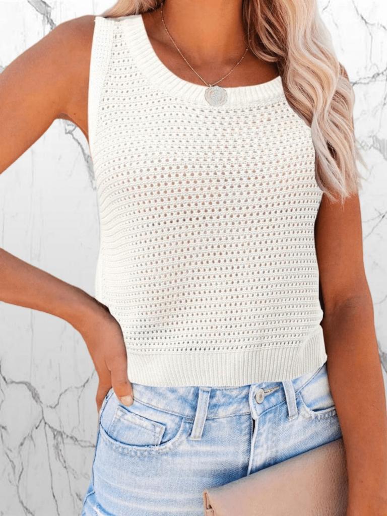 Ärmelloses gehäkeltes Tanktop für Damen Rundhalsausschnitt Ausgeschnitten Lässig Sommer Pullover