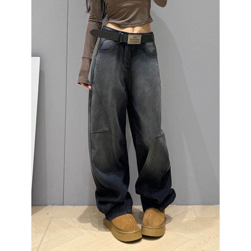 Women's Retro Wide-Leg Inverted Front Denim Jeans, Autumn/Winter 2025, Plus Velvet Thick, Loose Fit, Straight-Leg Backwards Design.