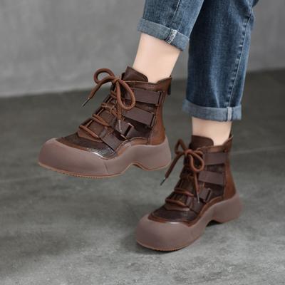 Cizme romane retro lucrate manual din piele naturala Cizme scurte cu siret pentru dama cu talpa groasa