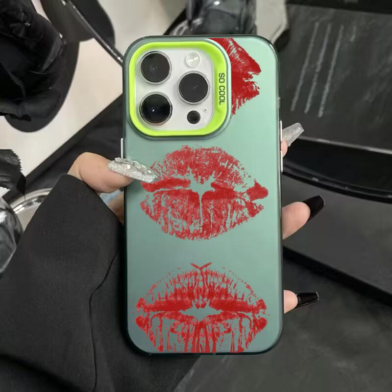 Red Lip Pattern Electroplate Silver IMD Phone Case For iPhone 16 Pro Max 11 12 13 14 15 7 8 Plus X XS XR Shockproof Back Cover