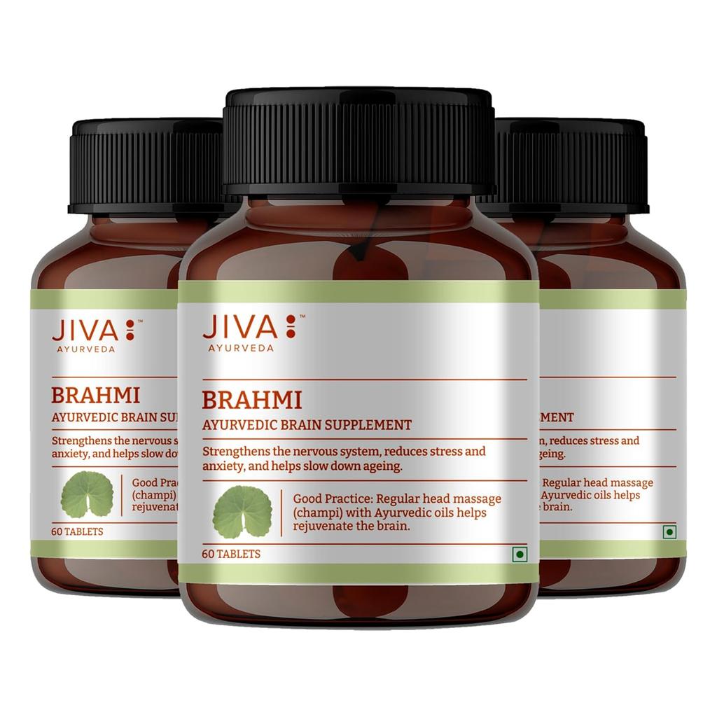 Jiva Brahmi Tablets 500mg 60 Tablets x Pack of 3 Rejuvenates Nervous System Reduces Stress and Anxiety