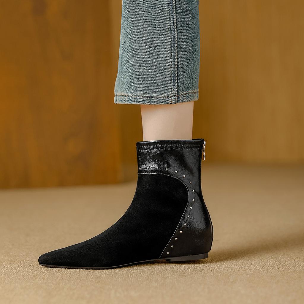 Inner heightening pointed short boots women's autumn and winter new suede splicing retro versatile comfortable commuting simple thin boots