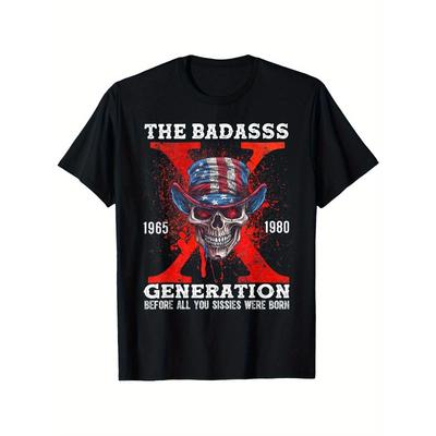 Europäische Größe Retro Gen X T-Shirt - 1980-1985 Geboren um ein harter Kerl zu sein Grafik-T-Shirt mit Totenkopf & Amerikanischer Flagge Design - Lockerer Vintage-Schnitt für Herren