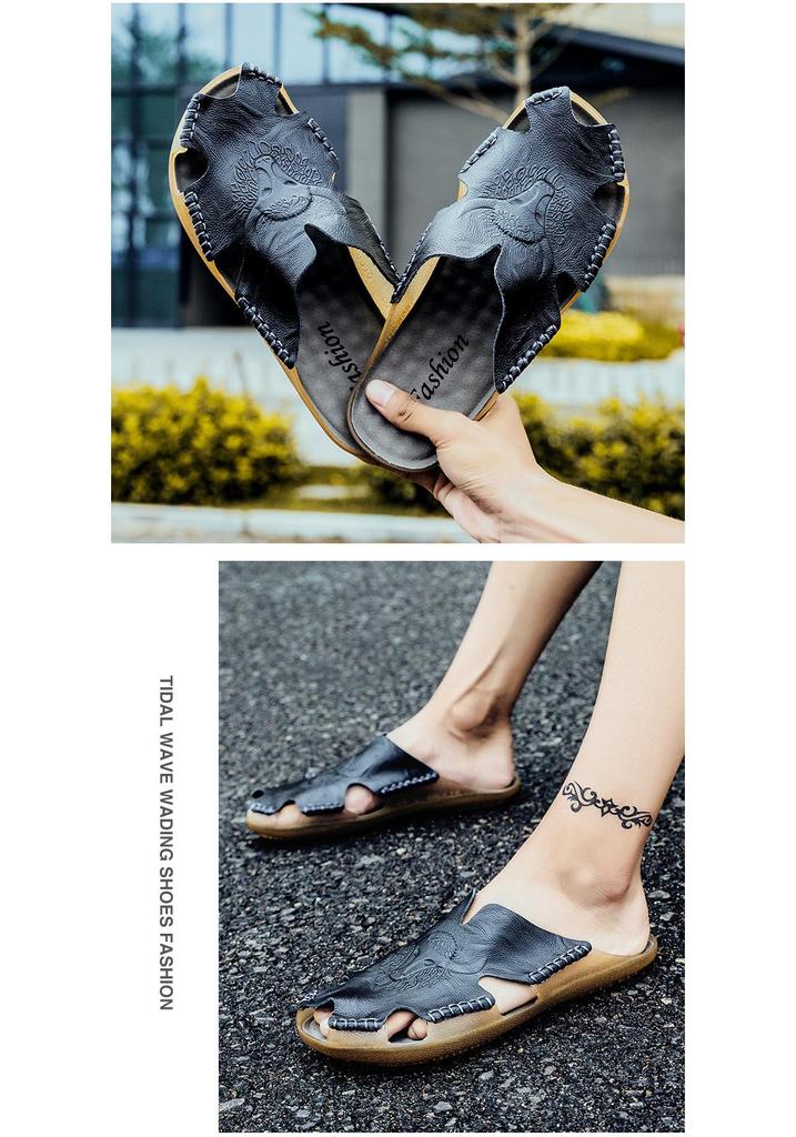 Men's Trendy 2022 Casual Leather Sandals, Cow Tendon Slippers, Korean Style Beach Shoes, Summer Flip-Flops, Large Size.