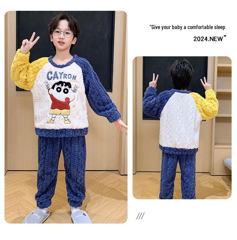 New Boys' Flannel Pajama Set - Warm Autumn/Winter Coral Fleece