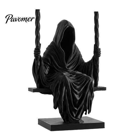 Pleated Robe Sculpture 3D Printed Sitting Reaper Statue, Faceless Man In Black On Swing Ornament Figurine, Gothic Cloak Ornament, Dark Style Figurine