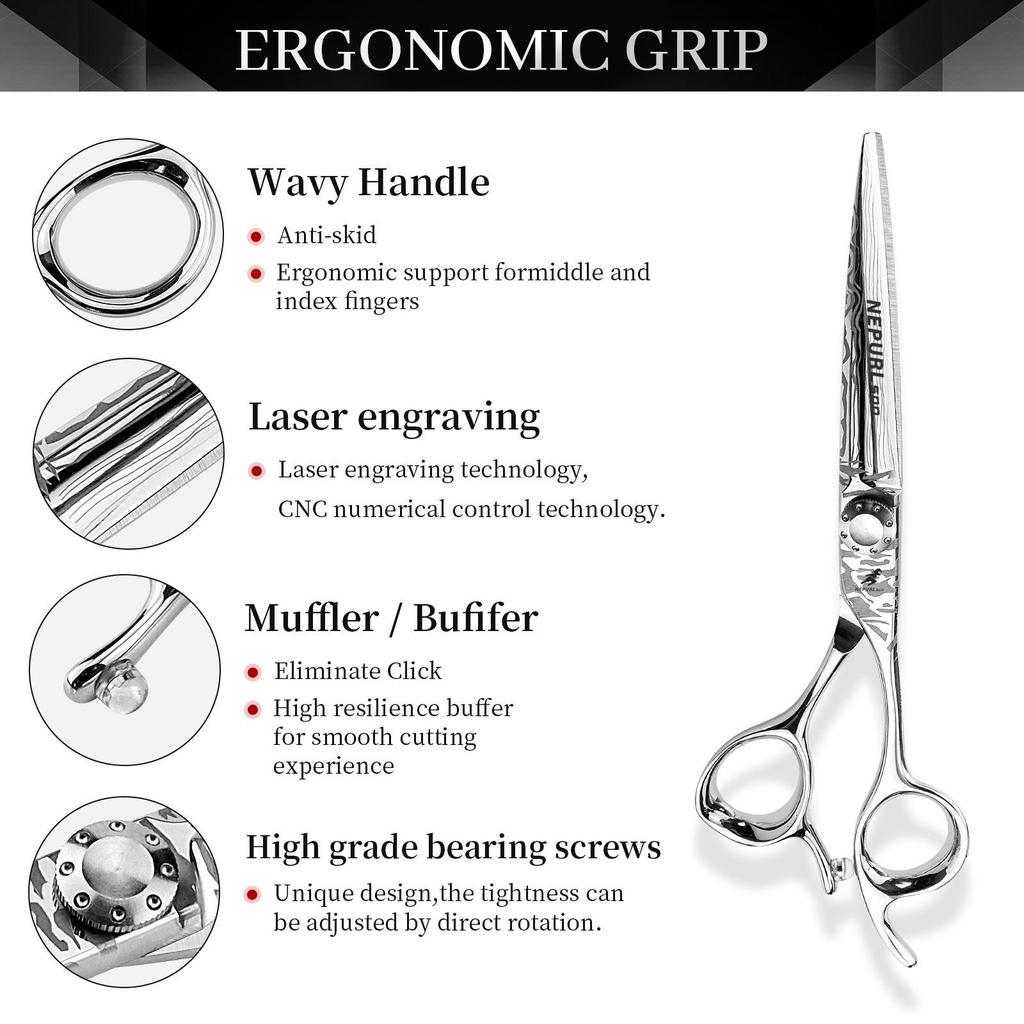 6.0” Damascus Pattern Hairdressing Scissors Set: Straight, Serrated & Thinning Scissors