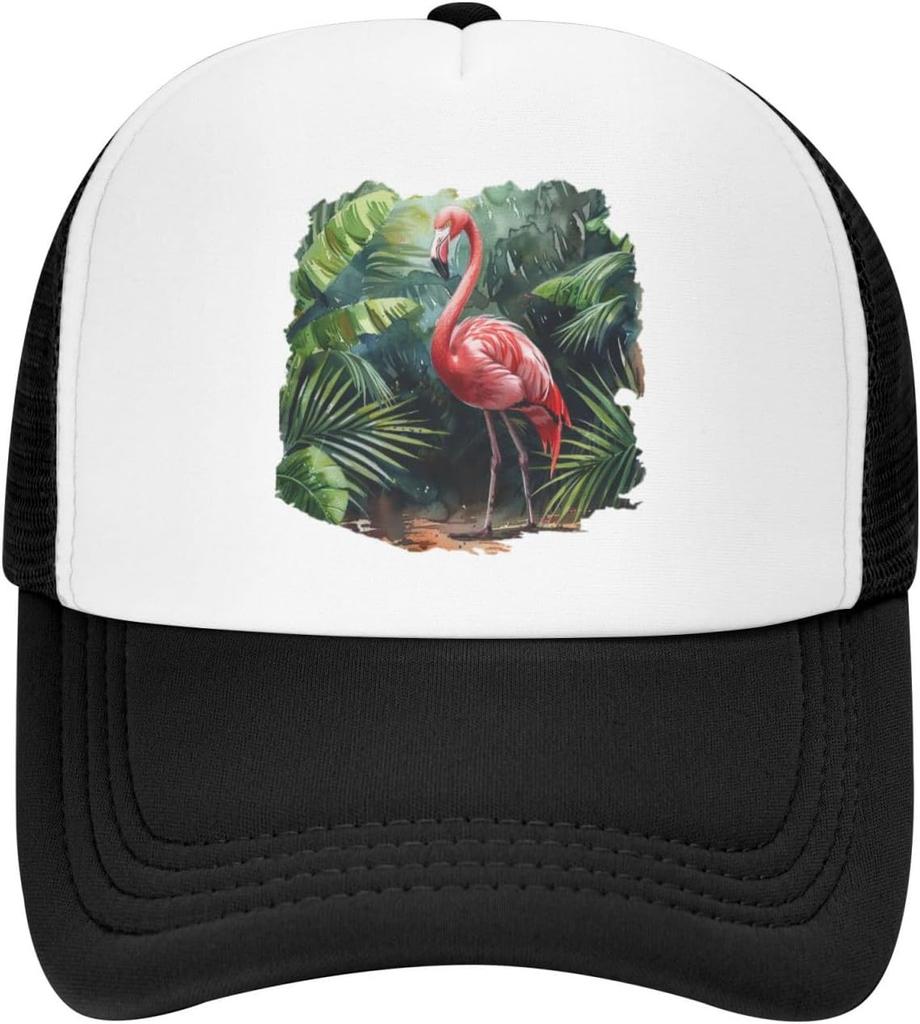 Flamingo Watercolor Palm Leaves Mesh Trucker Hat Adjustable Snapback Baseball Cap for Men Women