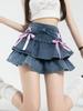 Women's Ruffled Denim Mini Skirt Summer Bandage Bow Blue Shorts Skirt Y2k Clothes Spicy Girl Streetwear
