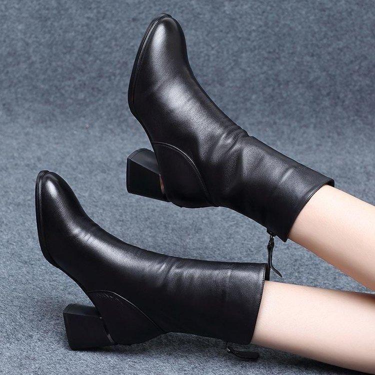 Martin boots women's medium heel thick heel black velvet warm versatile short boots new autumn and winter cotton boots