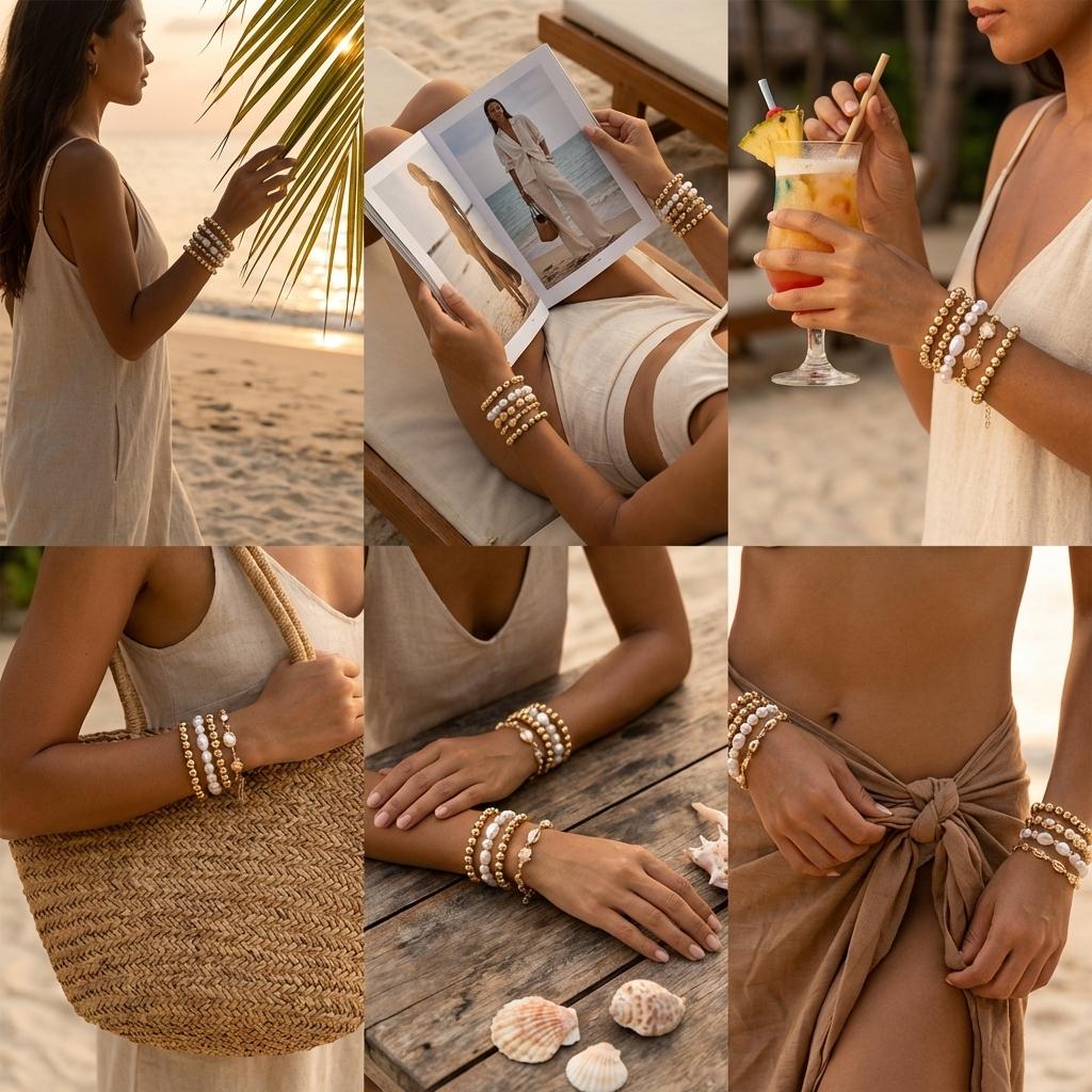 7 Pcs Stackable Beach Bracelet Set for Women Faux Pearl CCB Layered Shell Boho Summer Vacation Ocean Jewelry