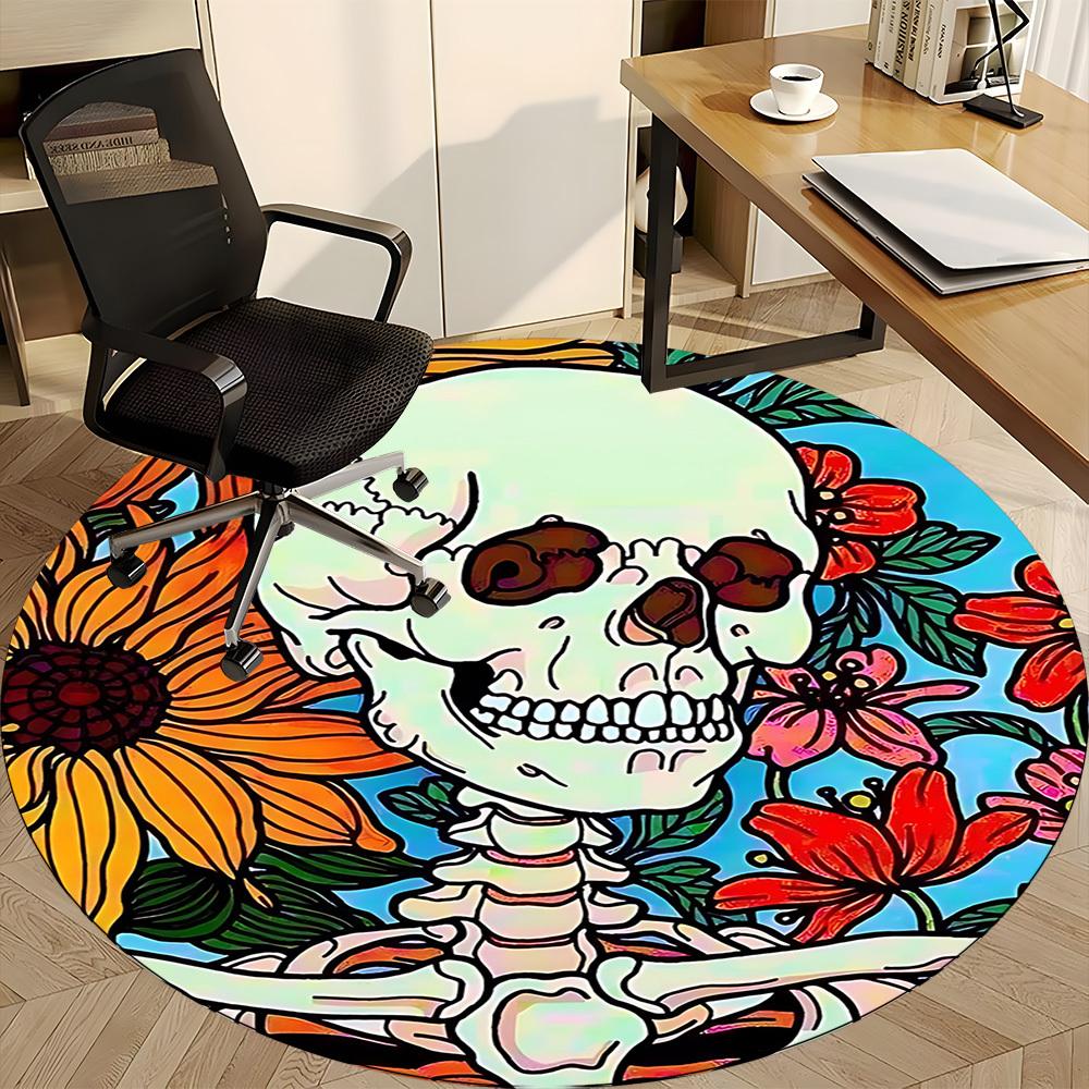 1pc Skull Flowers Office Round Area Rug, Under Office Chairs Bedroom Living Room Home Decor, Room Deco, Available in Various Sizes