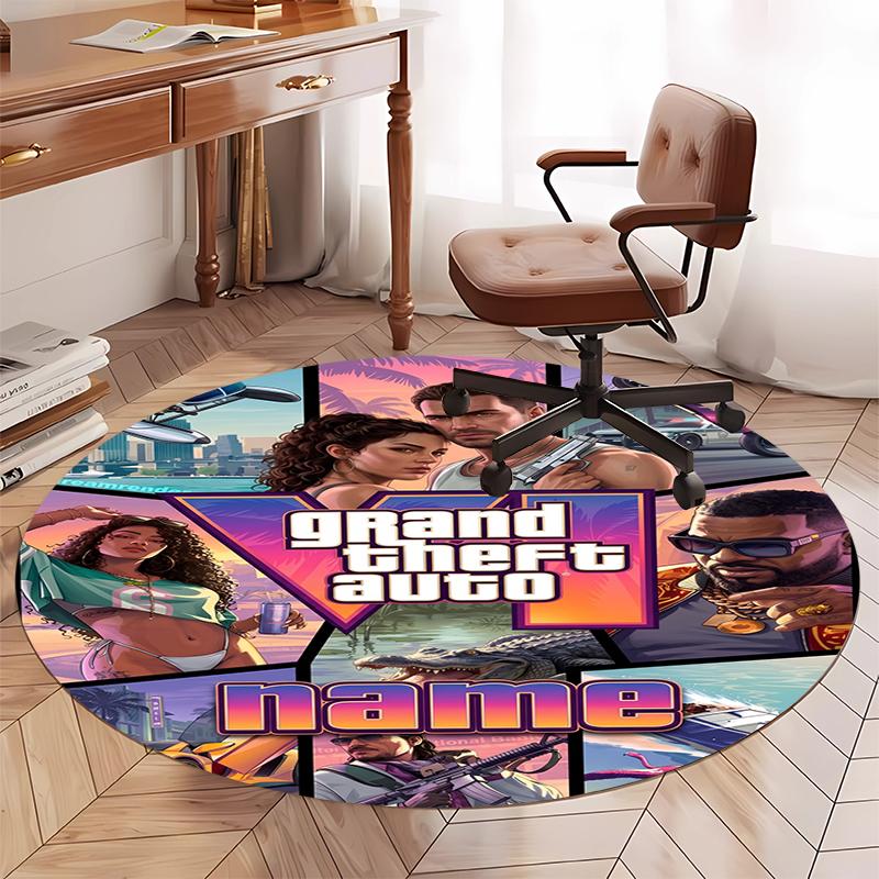 Custom Name GTA 6 Printed Round Rug Carpet Chair Rug Area Rug Entryway Doormats,for Office Chair Living Room Bedroom Kitchen Room.