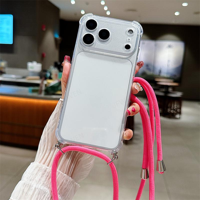 

Чехол-кошелек на шею с ремешком, противоударный чехол для iphone 17 Air 16 16E 15 14 13 12 11 Pro Max Plus, силиконовый, мягкий ТПУ, прозрачная задняя крышка iPhone Air розы красного