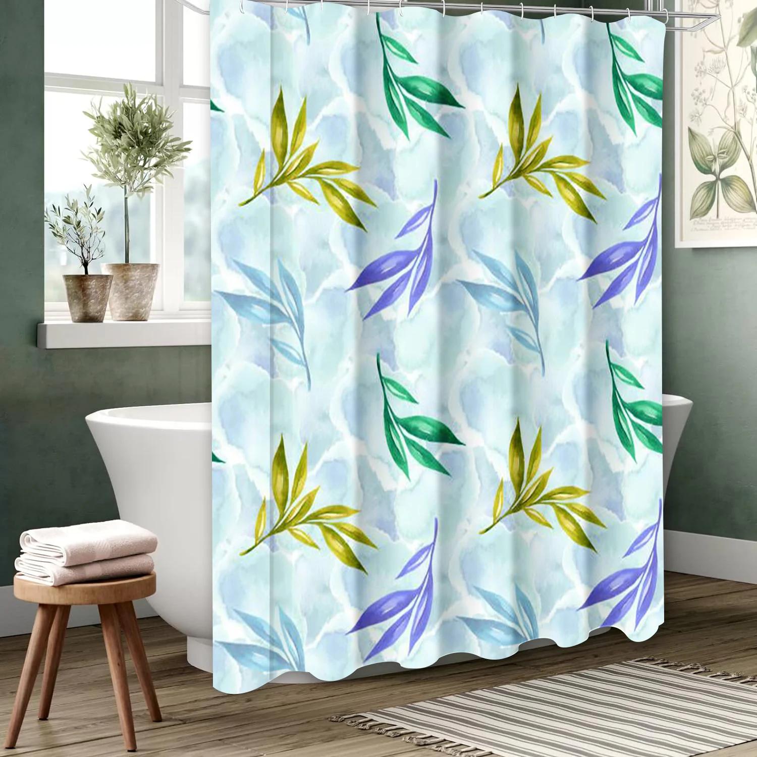 

Leaves Pattern Bathing Curtain Bathroom Letters Shower Curtain Waterproof With 12 Hooks Fishes Home Deco W90xH180cm