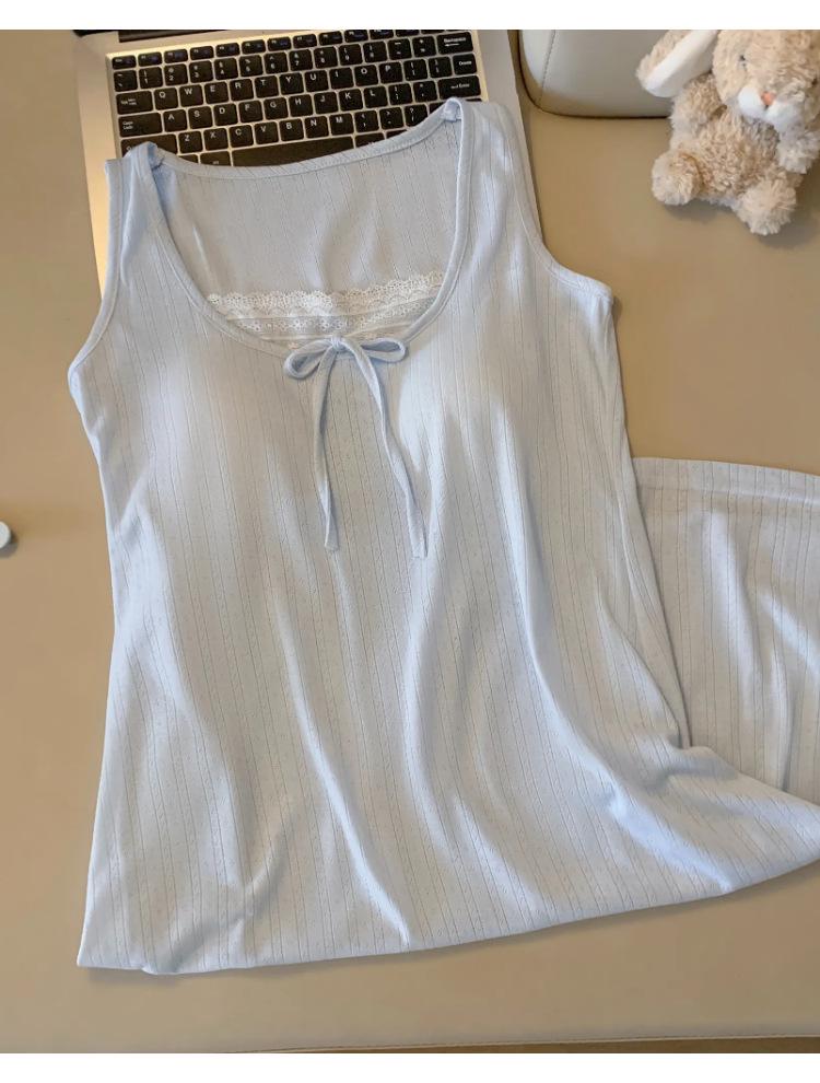 2026 Summer Blue Sleeveless Nightgown with Chest Pads - Women's Sweet Pure Desire Style
