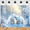 2D Winter Snow Baby Polar Bear Photo Backdrop Snowflake Forest Background